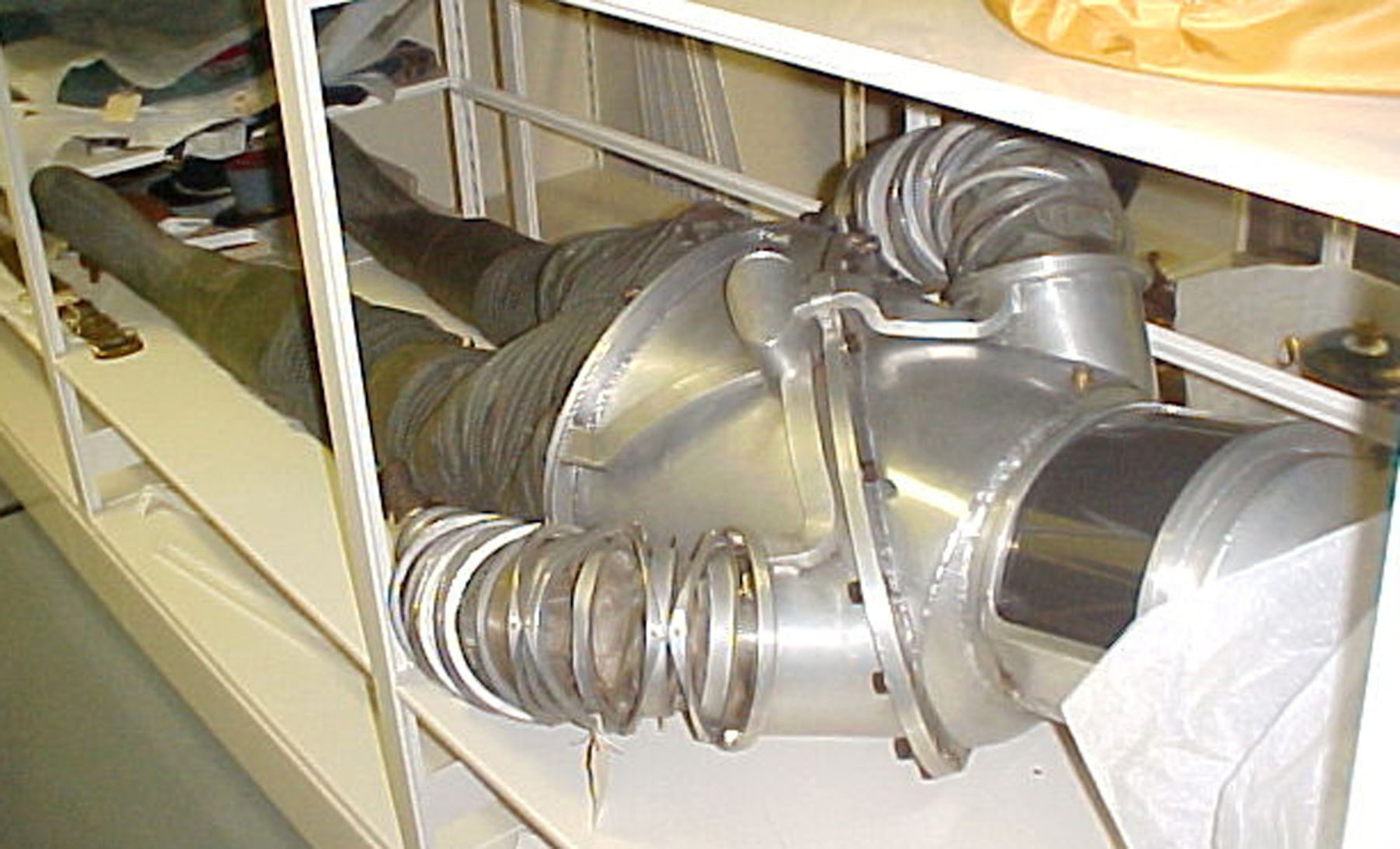 Based on a Litton "constant-volume" concept of the so-called "hard suit" of early 1955, the Mark I Extravehicular and Lunar Surface Suit was tested during the 1958-1959 period for more than 600 hours at simulated altitudes exceeding 100 miles. The unique construction of this suit permitted almost a full range of body motions by the person wearing it. (U.S. Air Force photo)