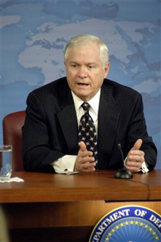 Secretary of Defense Robert M. Gates responds to a reporter's question during a media availability in the Pentagon on March 22, 2007.  