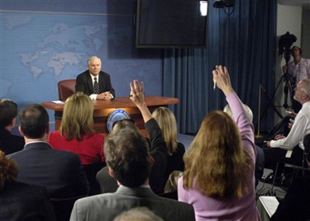 Secretary of Defense Robert M. Gates conducts a press briefing in the Pentagon on March 22, 2007.  Gates responded to questions on a wide range of topics.  