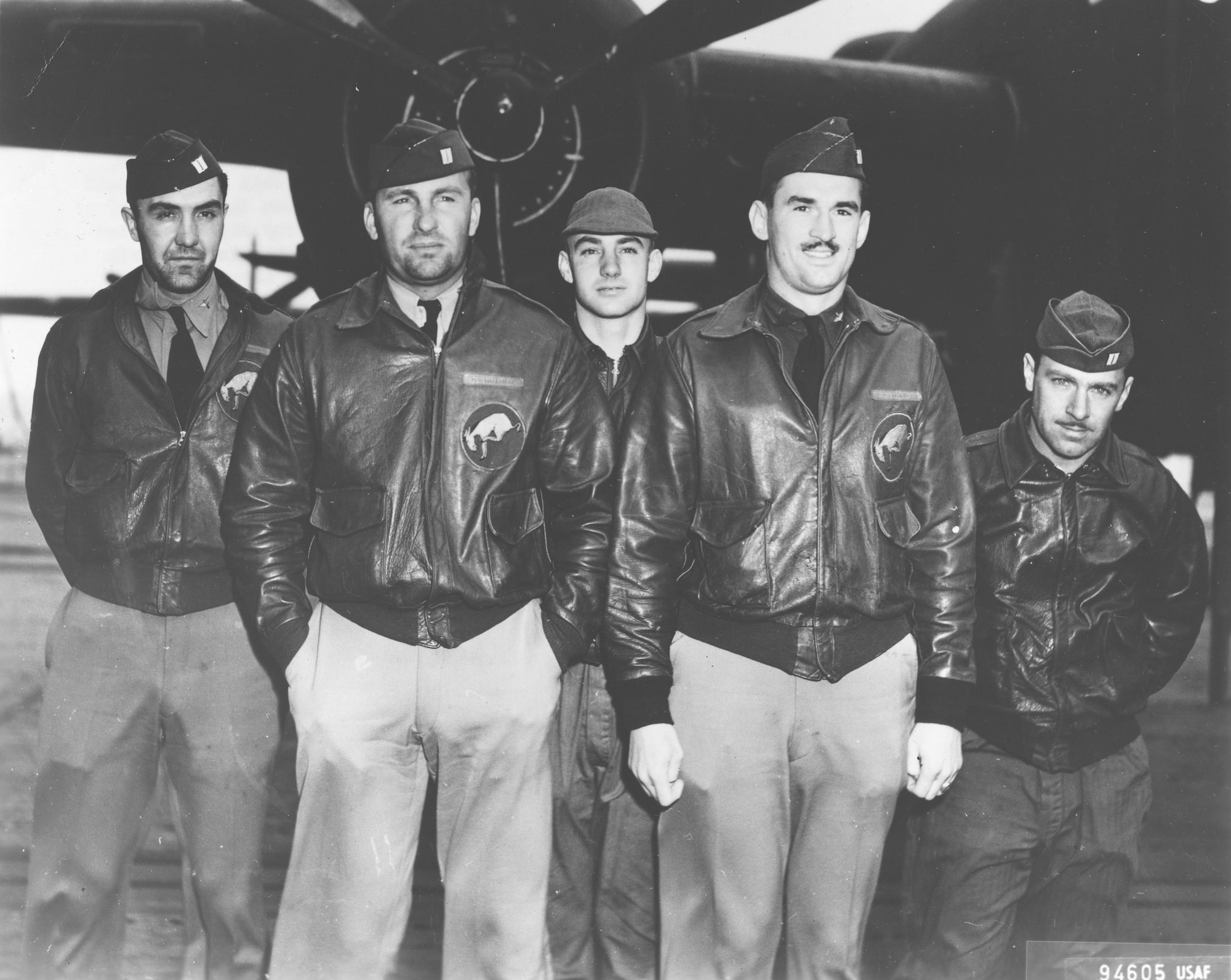 Navigator Lt. Chase J. Nielsen stands with his air crew mates before the famed Doolittle Raid mission April 18, 1942. Crew No. 6 with the  95th Bombardment Squadron flew Plane #40-2298 to bomb targets in Tokyo. Front row: Lt. Dean E. Hallmark, pilot and Lt. Robert J. Meder, copilot; back row: Lieutenant Nielsen, Sgt. William J. Dieter, bombardier; and Sgt. Donald E. Fitzmaurice, flight engineer/gunner. (U.S. Air Force photo)