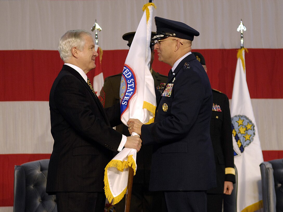 U.S. Air Force Gen. Victor E. Renuart, Jr. assumes command of NORTHCOM and NORAD in a ceremony presided over by Secretary of Defense Robert M. Gates at Peterson AFB, Colo., March 23, 2007.
