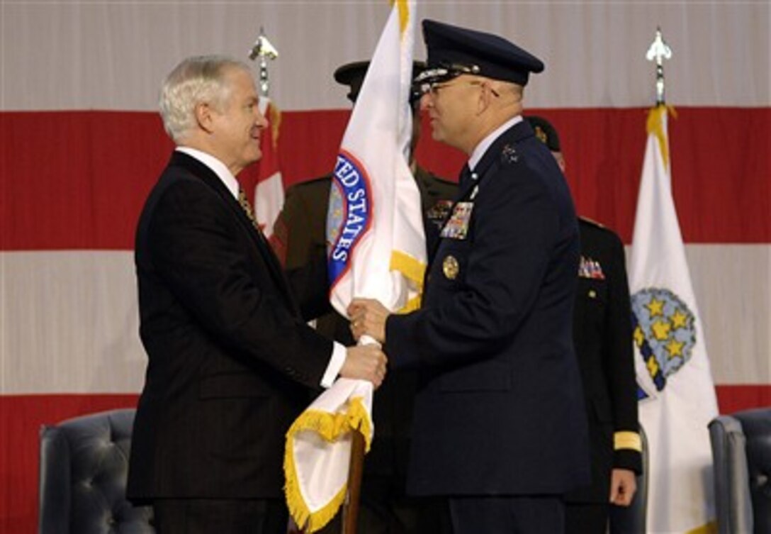 U.S. Air Force Gen. Victor E. Renuart, Jr. assumes command of NORTHCOM and NORAD in a ceremony presided over by Secretary of Defense Robert M. Gates at Peterson AFB, Colo., March 23, 2007.