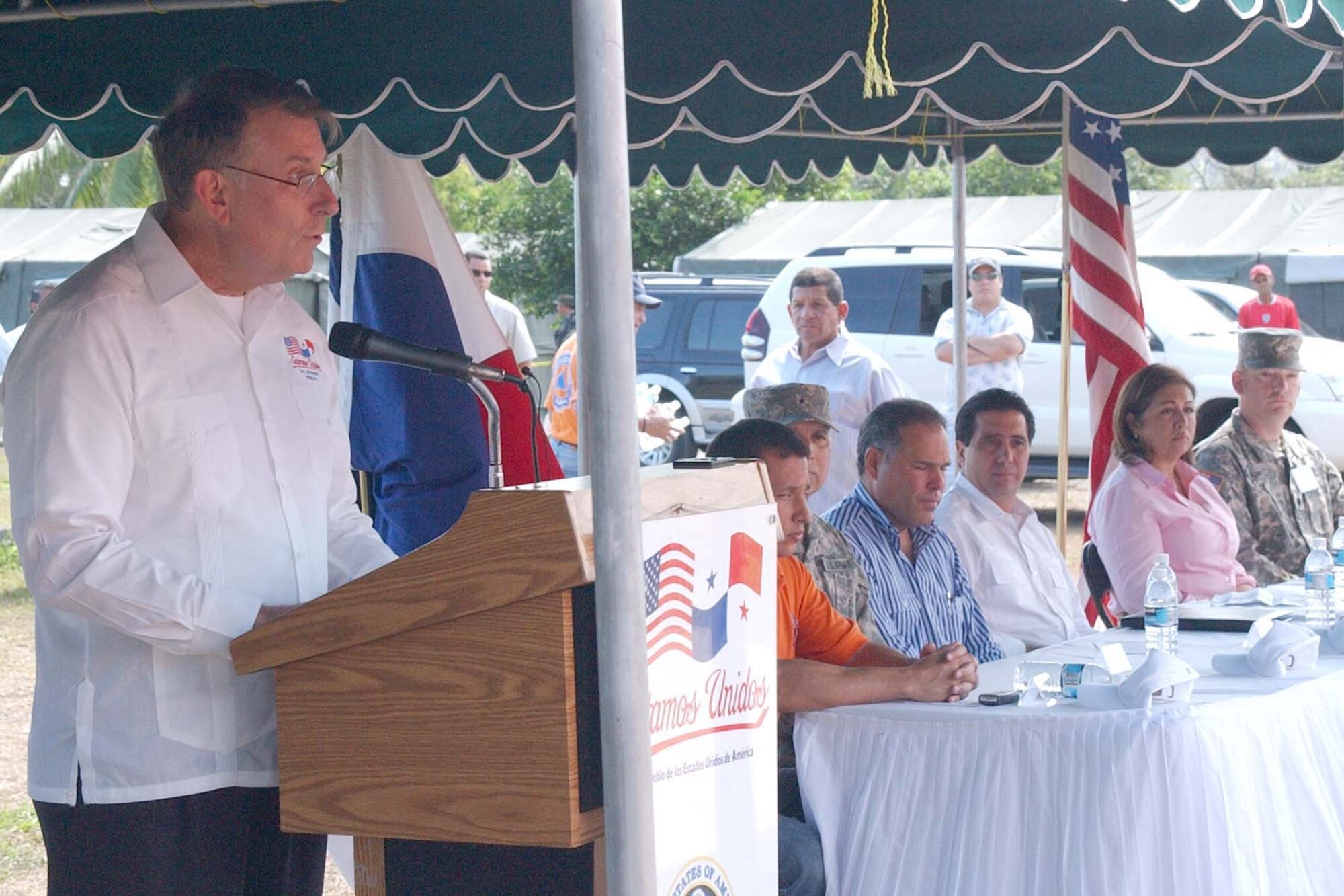 William Eaton, Ambassador of the United States in Panama, talks during the New Horizons Panama 2007 opening ceremonies March 23. Nearly 400 Total Force United States Airmen, Soldiers, Sailors and Marines will provide healthcare and infrastructure to some of the poorest areas of the Republic of Panama during New Horizons Panama 2007. (U.S. Air Force photo/Staff Sgt. Chyenne Griffin)