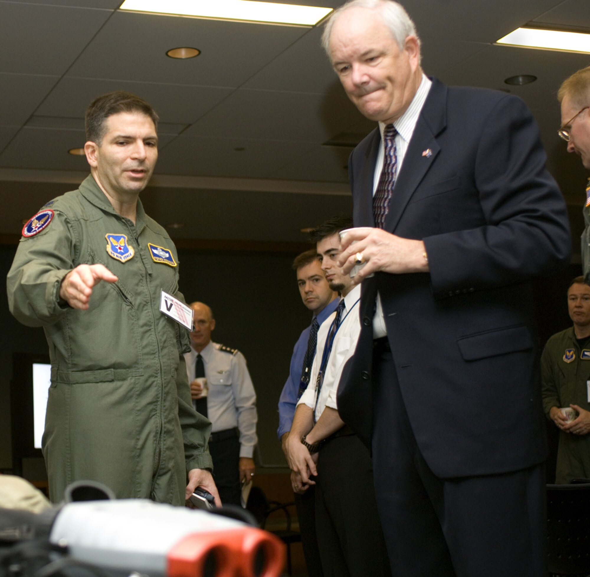 Lt. Col. Stephen Hoogasian, 64th Air Refueling Squadron commander, describes some of the technologies that can utilize Cursor on Target during a briefing held in September 2006 in Washington D.C. Those in attendence included distinguished guests such as Secretary of the Air Force  Michael Wynne.  (Courtesy Photo/Andy Clevenger)