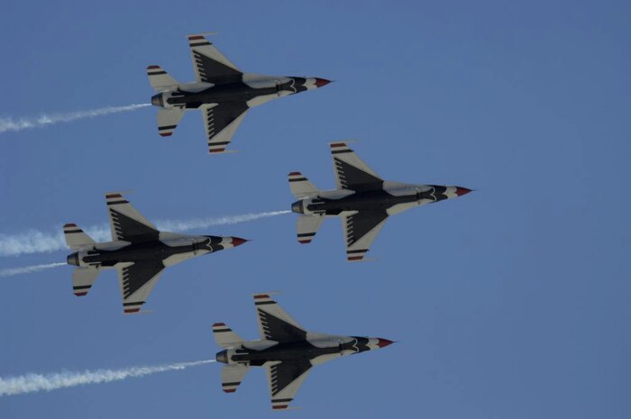 The U.S. Air Force Thunderbirds perform the diamond formation for the crowd March 16 at the 2007 acceptance show at Nellis Air Force Base, Nev. (U.S. Air Force Staff Sgt. Kenny Kennemer)