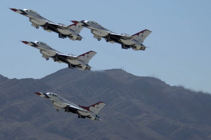 The U.S. Air Force Thunderbirds take off March 16 at the 2007 acceptance show at Nellis Air Force Base, Nev. (U.S. Air Force Staff Sgt. Kenny Kennemer)