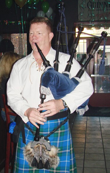 VANCE AIR FORCE BASE, Okla. -- Chaplain (Lt. Col.) Michael Gilbert demonstrates his skill with the bagpipes during St. Patrick's Day festivities.  (U.S. Air Force photo/2d Lt. James Justice)