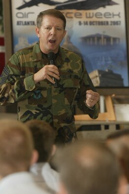 Chief Master Sgt. of the Air Force Rodney J. McKinley speaks to an audience of Junior Reserve Officer Training Corps cadets during JROTC week, March 12-15, at Dobbins Air Reserve Base, Georgia.  Chief McKinley emphasized the importance of academics and making the right choices during high school years in preparation for future opportunities in the Air Force, Air National Guard, Air Force Reserves and the other armed services