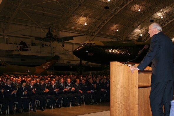 WRIGHT-PATTERSON AIR FORCE BASE, OHIO -- Secretary of the Air Force Michael W. Wynne delivers his commencement address to the March 2007 graduates of the Air Force Institute of Technology at the National Museum of the United States Air Force.  Wynne is a 1970 graduate of AFIT.  Air Force Photo by Bill Hancock.