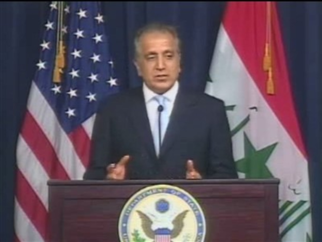 U.S. Ambassador to Iraq Zalmay Khalilzad speaks with reporters in Iraq, March 26, 2007