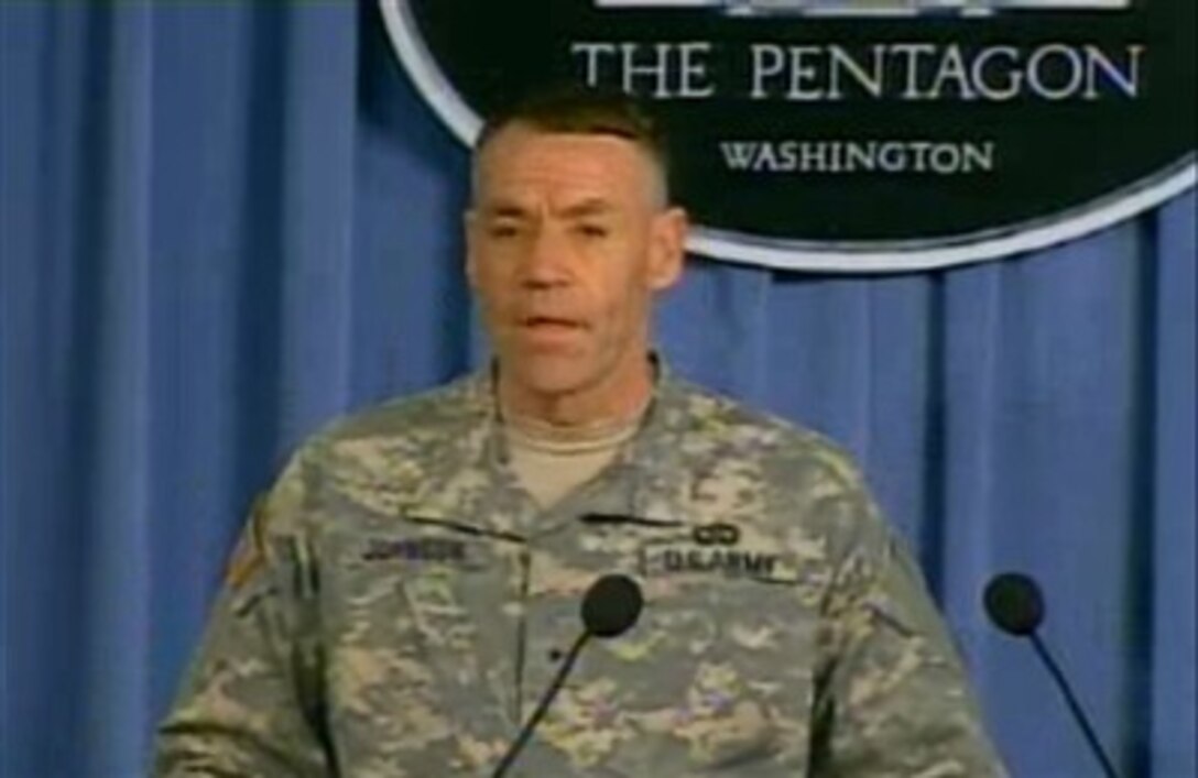 U.S. Army Brig. Gen. Rodney Johnson, U.S. Army Criminal Investigation Command, presents findings from the investigation of the events and circumstances surrounding the 2004 death of U.S. Army Cpl. Patrick Tillman during a briefing at the Pentagon, March 26, 2007.