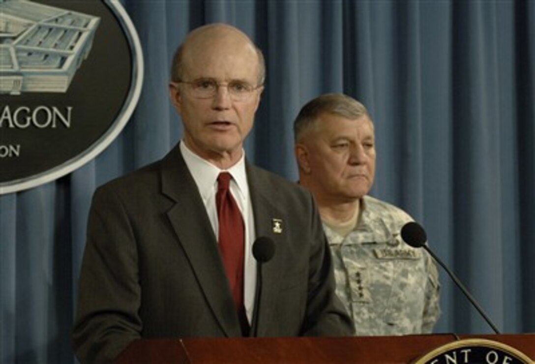 Acting Secretary of the Army Pete Geren, left, and Army Vice Chief of Staff Gen. Richard Cody provide comments following the investigation into the 2004 death of U.S. Army Cpl. Patrick Tillman during a Pentagon briefing, March 26, 2007.
