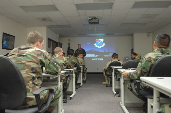Chief Master Sergeant John Zincone (center), 99th Communications Squadron support flight superintendent, briefs the First-Term Airmen's Couse March 9.
(U.S Air Force Photo by: Senior Airman Larry E. Reid Jr.)