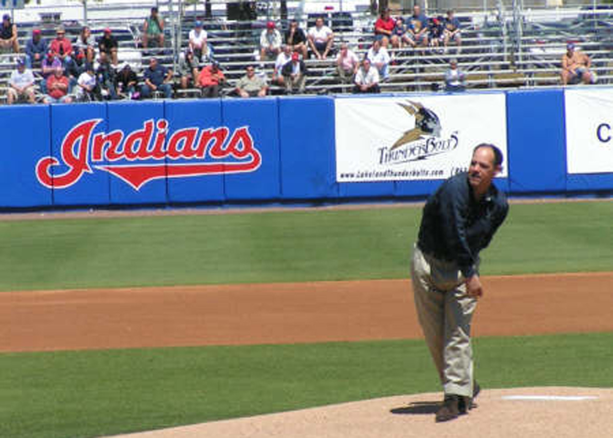 Master Sgt. Bruno Pell, 333rd Recruiting Squadron, throws out the first pitch during the Cleveland Indians Military Appreciation Day March 18 at Chain of Lakes Park in Winter Haven, Fla. Sergeant Pell is a native of Cleveland. (U.S. Air Force photo)