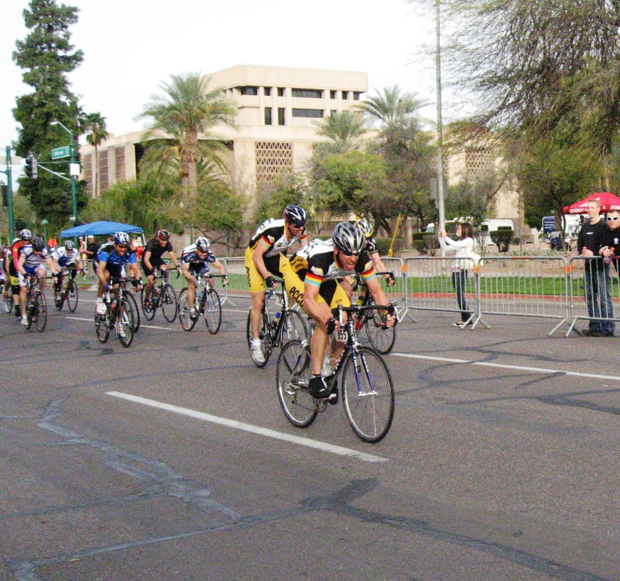 Lt. Col. Paul Theisen, 944th Logistics Readiness Squadron commander, front, races toward the finish line at the Valley of the Sun Stage Race Feb. 16 through 18 in Phoenix. (Courtesy photo)