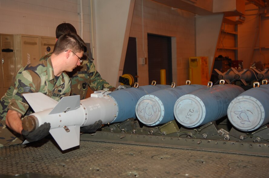 MINOT AIR FORCE BASE, N.D. -- Senior Airman Jerry Isaacson, 5th Munitions Squadron, builds a precision guided munition during a Logistics Standardization Evaluation Team visit here March 20. The LSET evaluates and ensures key logistics processes are standardized, repeatable and technically compliant. (U.S. Air Force photo by Airman 1st Class Sharida Bishop)