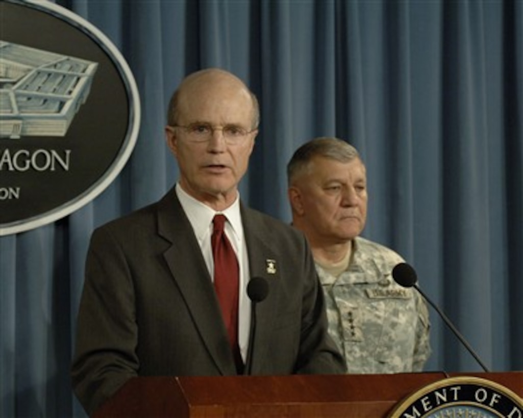 Acting Secretary of the Army Pete Geren (left) comments on the findings of the investigation into the events and circumstances surrounding the 2004 death of Army Cpl. Patrick Tillman during a press briefing in the Pentagon on March 26, 2007.  Geren was accompanied by Army Vice Chief of Staff Gen. Richard Cody (right).  