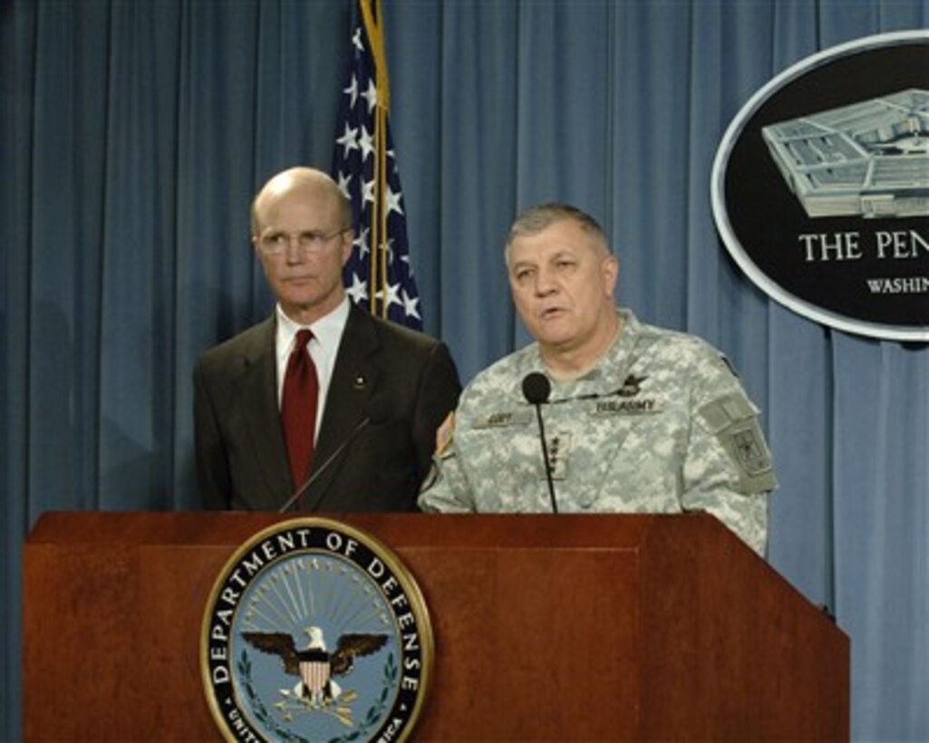 Army Vice Chief of Staff Gen. Richard Cody (right) comments on the findings of the investigation into the events and circumstances surrounding the 2004 death of Army Cpl. Patrick Tillman during a press briefing in the Pentagon with Acting Secretary of the Army Pete Geren (left) on March 26, 2007.  