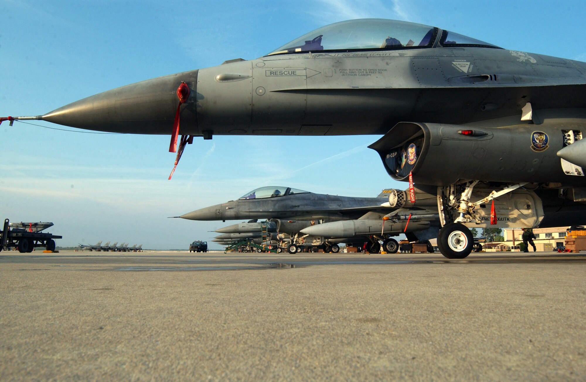 F-16 Fighting Falcons from the 20th Fighter Wing are generated and readied for take off in support of an operational readiness exercise March 27 at Shaw Air Force Base, S.C. Exercises help prepare Airmen for future deployments. (U.S. Air Force photo/Staff Sgt. Nathan Bevier) 
