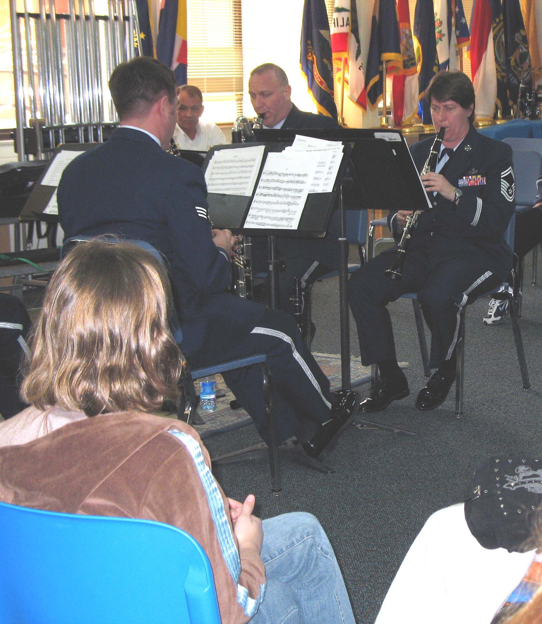 The Clarinet Quartet from Sembach, Germany performs for Incirlik High School students during the Music in Schools program. Cclockwise: USAFE band members Senior Master Sgt. Alison Christofoli, Staff Sgt. Mark Craig and Senior Airman Greg Gallant. (U.S. Air Force photo by Tech. Sgt. Szu-Moy Ruiz)




