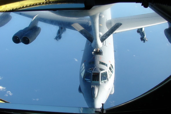 A B-52 Stratofortress assigned to the 96th Expeditionary Bomb Squadron receives fuel from a KC-135 Stratotanker from the 506th Expeditionary Air Refueling Squadron March 23. Both units are deployed to Andersen Air Force Base, Guam, and flew to Australia last week in support of exercise operations at Australia's Delamere Bombing Range and to provide aerial support for the Australia International Airshow 2007. (U.S. Air Force photo/Capt. Chris Cooper) 