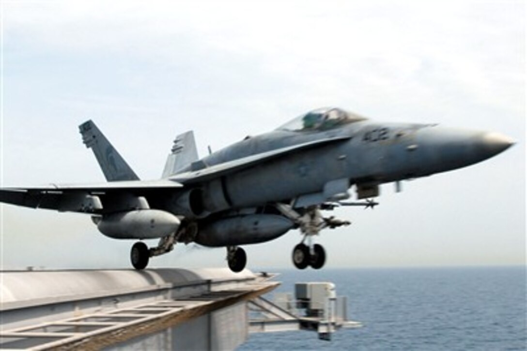 An F/A-18C Hornet assigned to the "Argonauts" of Strike Fighter Squadron 147 takes off from the Nimitz-class aircraft carrier USS John C. Stennis in the Persian Gulf, March 27, 2007. 