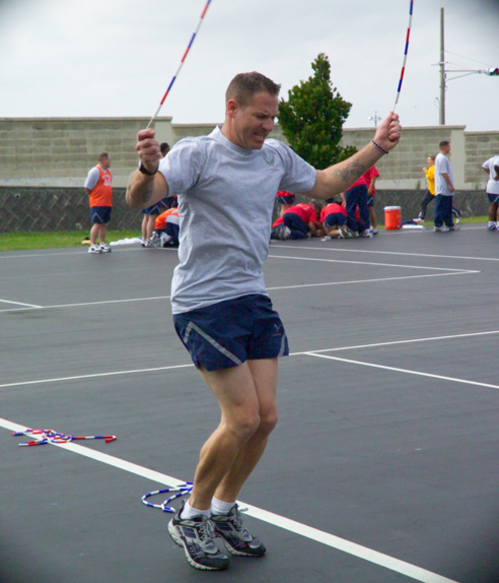 Tech. Sgt. Joseph Green of Kadena’s 961st Airborne Air Control Squadron jumps rope backwards during the Olympiad. Sergeant Green is currently attending the NCO Academy as a member of Eagle flight.  (Air Force/Senior Airman Nestor Cruz)