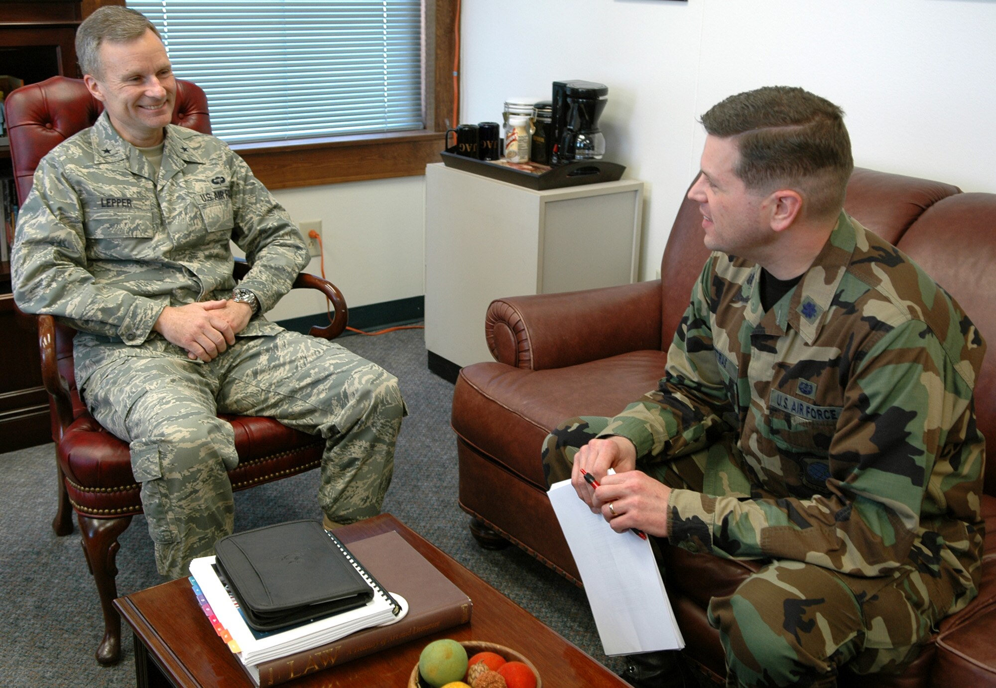 FAIRCHILD AIR FORCE BASE, Wash. – Brig. Gen. Steven Lepper, Air Mobility Command’s staff judge advocate, meets with Lt. Col. Christopher Petras, Fairchild’s staff judge advocate, March 29. General Lepper visited Fairchild March 28-29 to interact with the 92nd Air Refueling Wing and 141st Air Refueling Wing judge advocate staff, as well as the Area Defense Counsel staff. (U.S. Air Force photo/Airman 1st Class Kali L. Gradishar)
