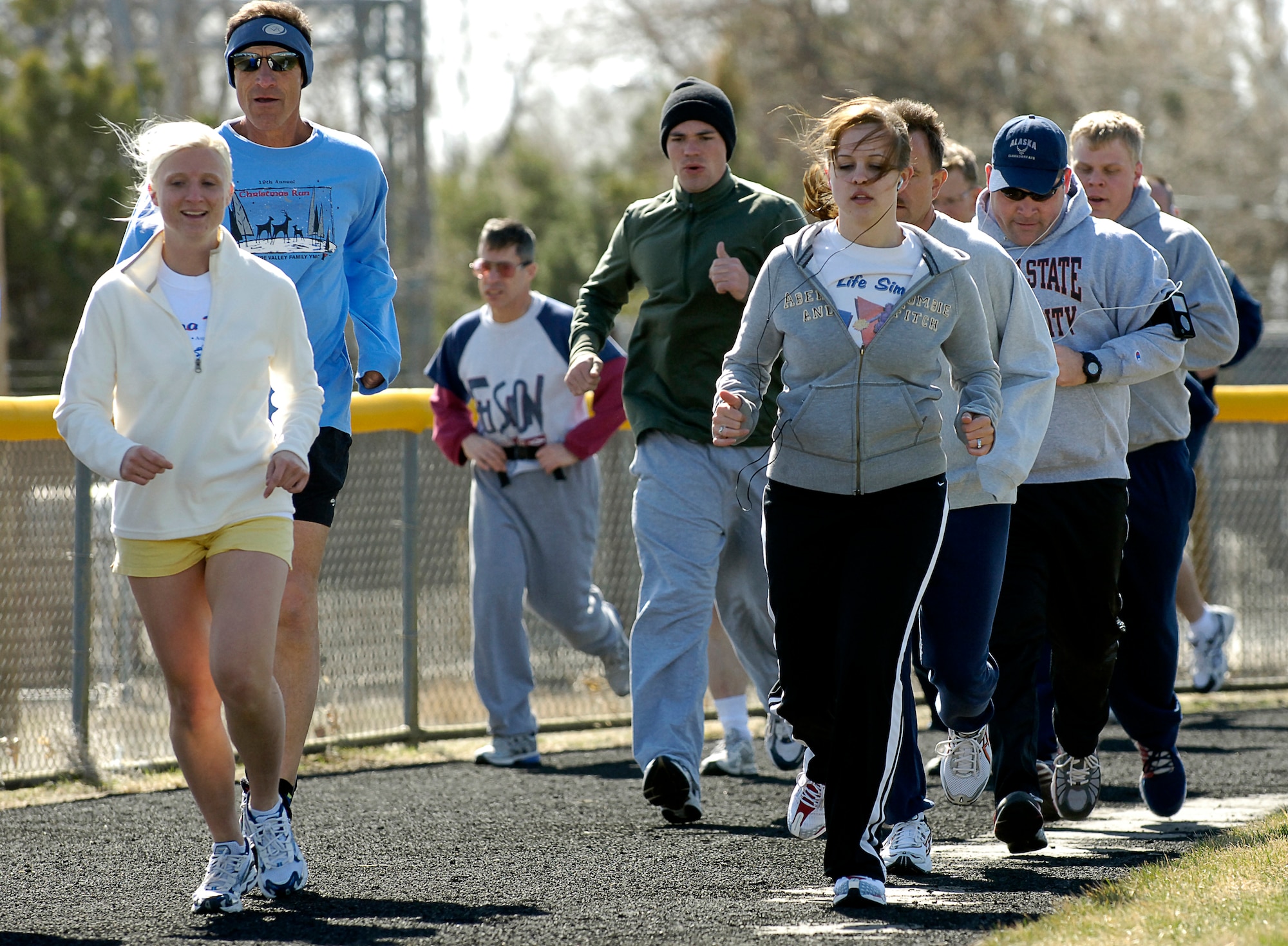 MOUNTAIN HOME AIR FORCE BASE, Idaho -- Volunteers participate in a run-a-thon at the base fitness center to raise donations for the Air Force Enlisted Village March 21. The charity run was part of the base's Air Force Assistance Fund campaign, which continues here through April 22.  Air Force photo by Airman 1st Class Ryan Crane