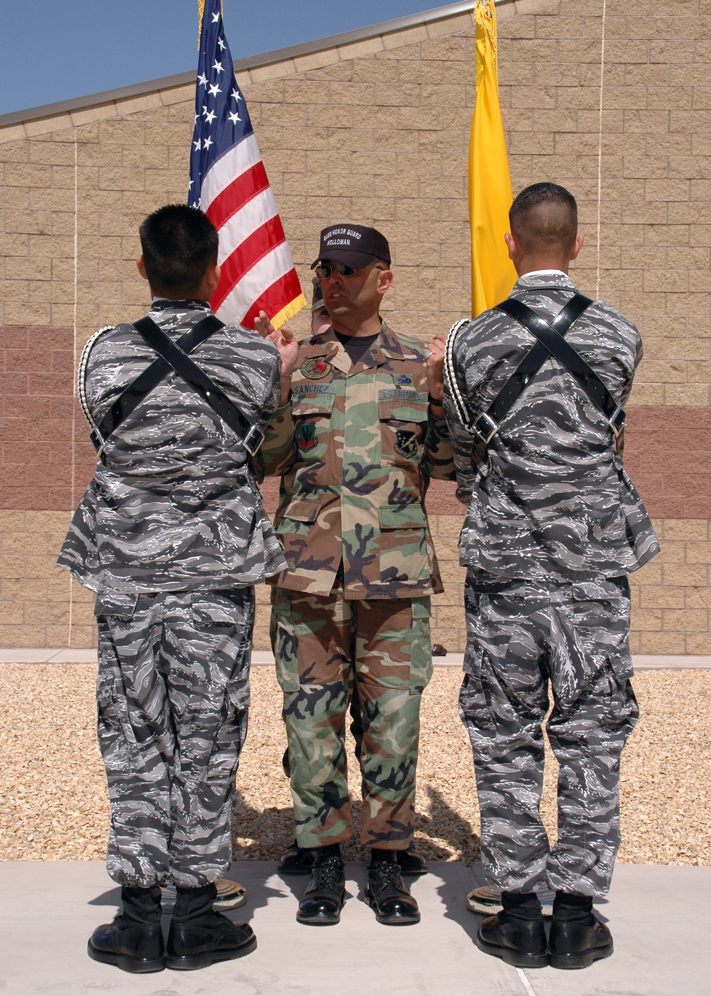 Master Sgt. Paul Sanchez, Steel Talons Honor Guard NCOIC, instructs students from Camp Sierra Blanca on Air Force Color Guard and other drill movements March 28. (U.S. Air Force photo by Airman Jamal Sutter)