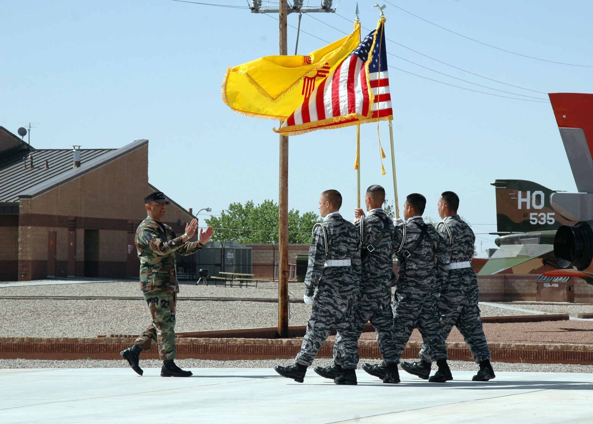 Master Sgt. Paul Sanchez, Steel Talons Honor Guard NCOIC, instructs students from Camp Sierra Blanca on Air Force Color Guard and other drill movements March 28. (U.S. Air Force photo by Airman Jamal Sutter)