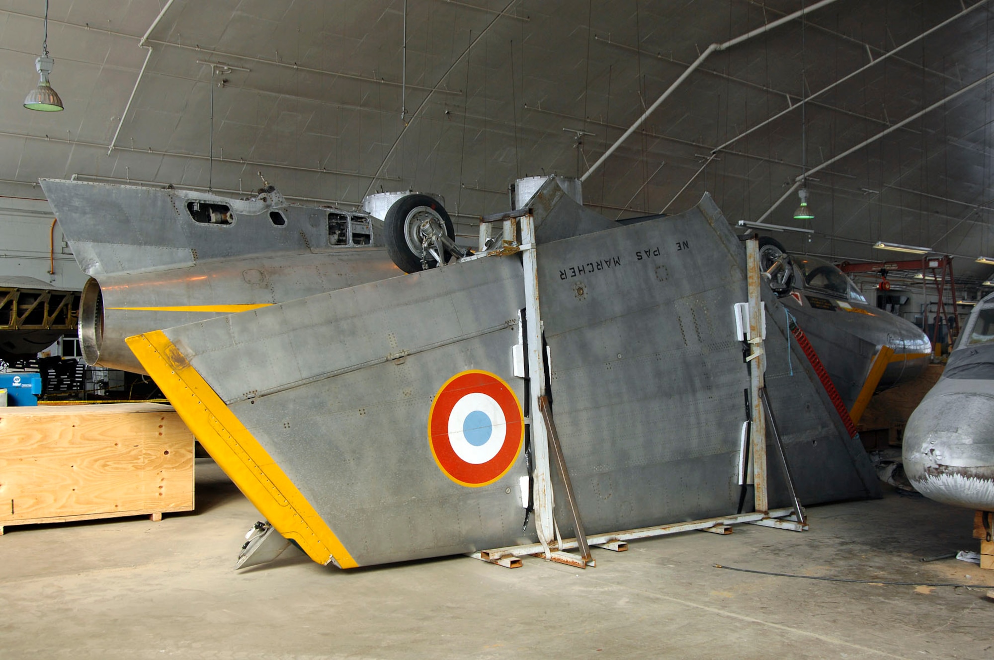 DAYTON, Ohio (02/2007) -- Mystere IVA aircraft wings in the restoration hangar at the National Museum of the U.S. Air Force. (U.S. Air Force photo)