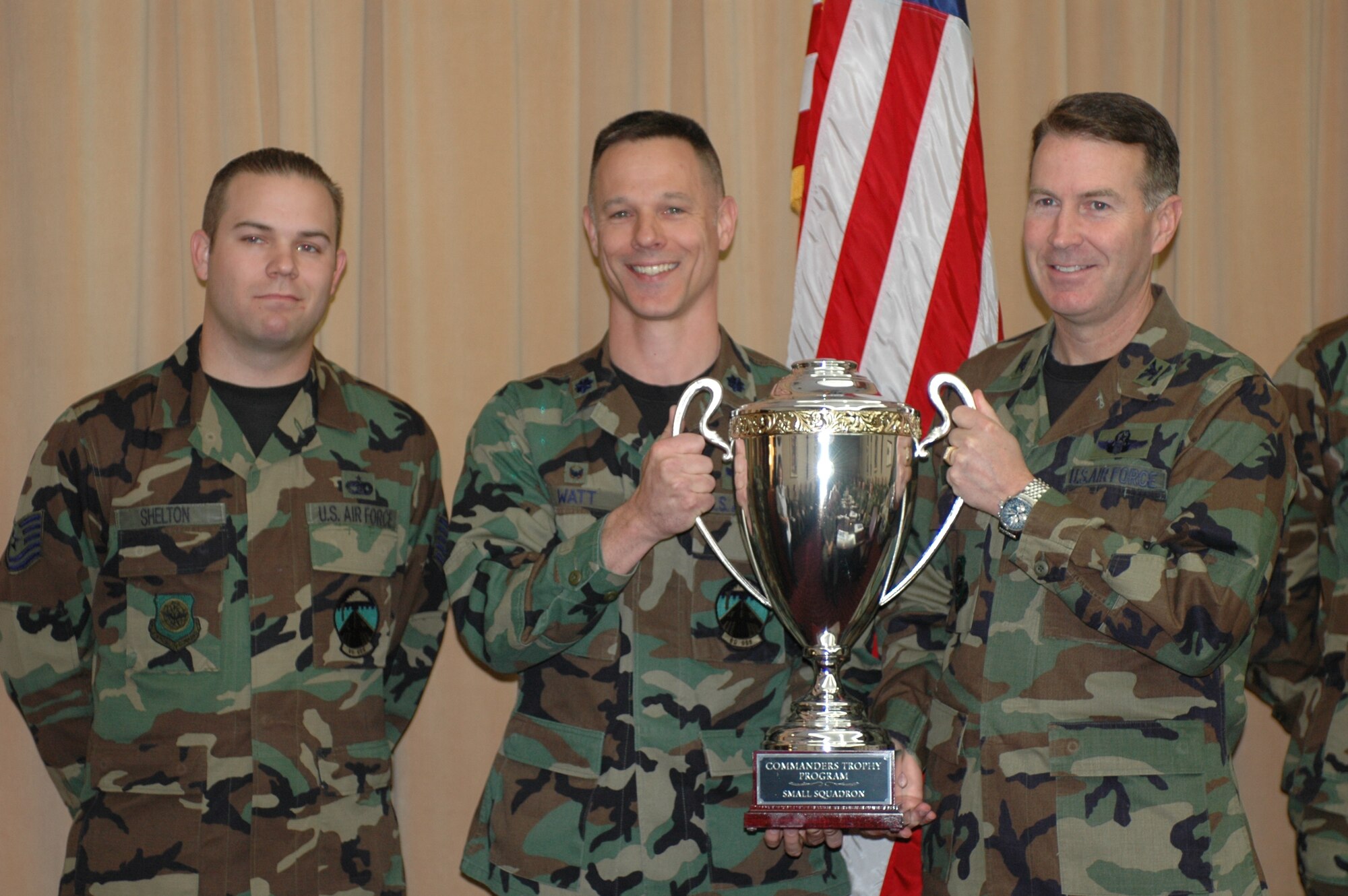 Col. Steve Arquiette, 60th Air Mobility Wing commander, presents the Commander’s Trophy to Lt. Col. Bryan Watt, 60th Operations Support Squadron commander, and Tech. Sgt. Robert Shelton, 60th OSS. The 60th OSS earned a total of 278 points for competing in various sporting events to earn the small unit trophy, while the 60th Equipment Maintenance Squadron went home with the large unit trophy with 175 points. (U.S. Air Force photo by Airman Kristen Rohrer)