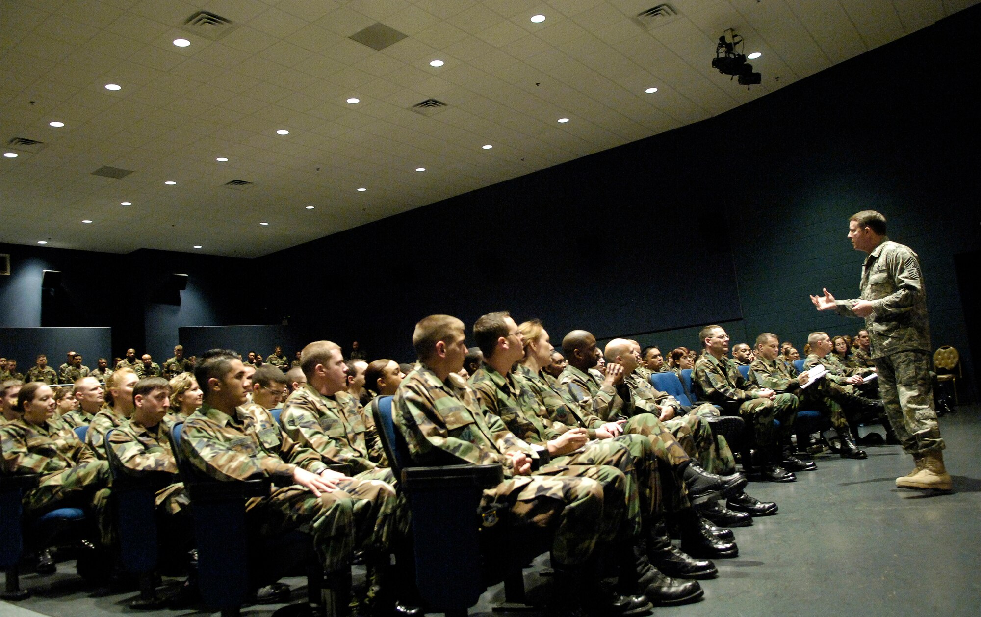 CMSAF Rodney McKinley speaks to a capacity crowd at the Langley AFB Theater March 28, 2007, to discuss hot topics and answer questions.
(U.S. Air Force photo/Senior Airman Austin Knox)