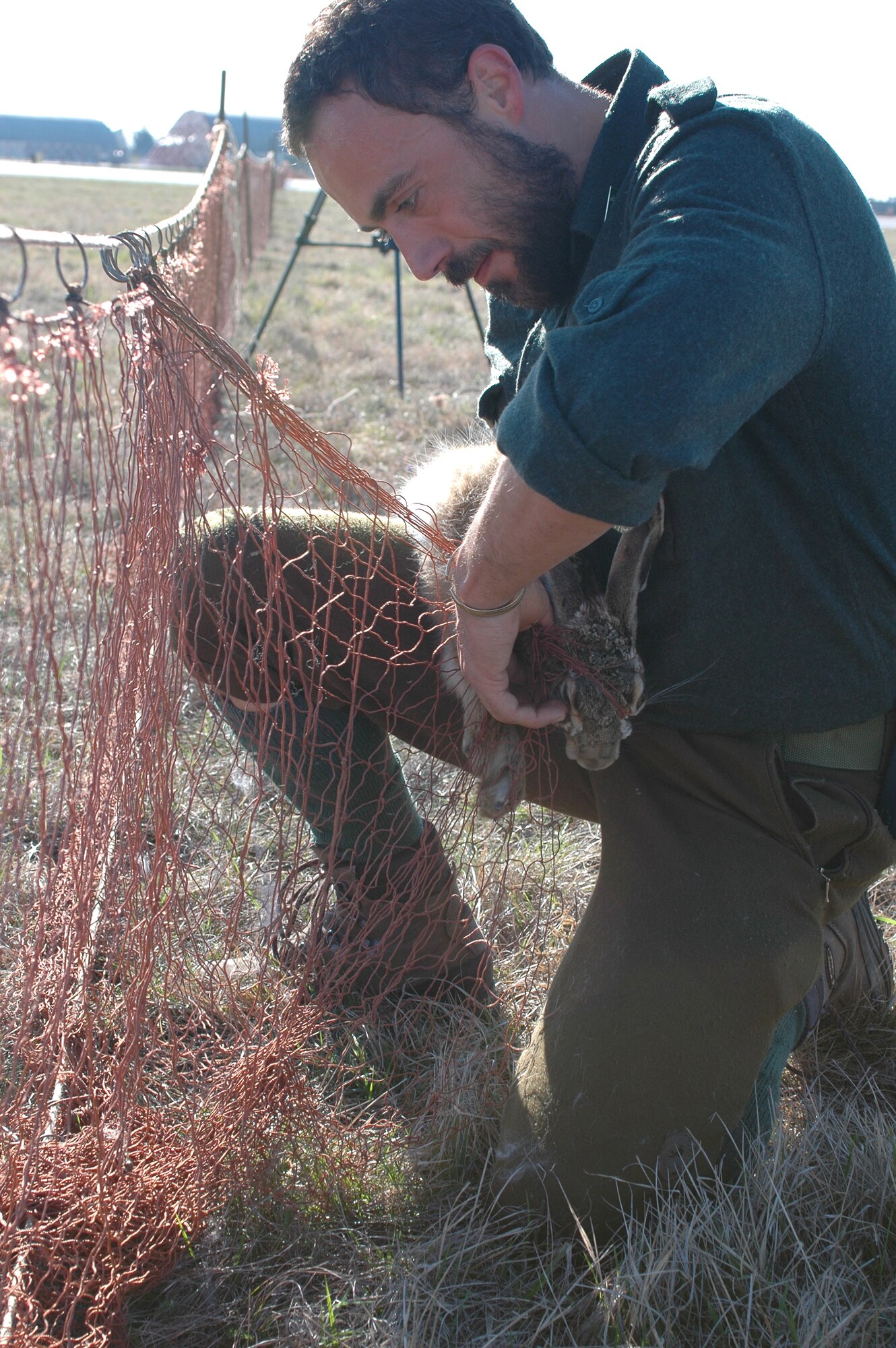 Marco Cabanello, Italian Wildlife Authority, detangles a rabbit during Aviano’s Rabbit Roundup March 22. Using noise makers, volunteers marched down the flightline in the hopes of corralling rabbits. After the rabbits were caught, the Italian Wildlife Authority released them back into the wild away from the base. (U.S. Air Force photo by Staff Sgt. Colleen Wieman) 