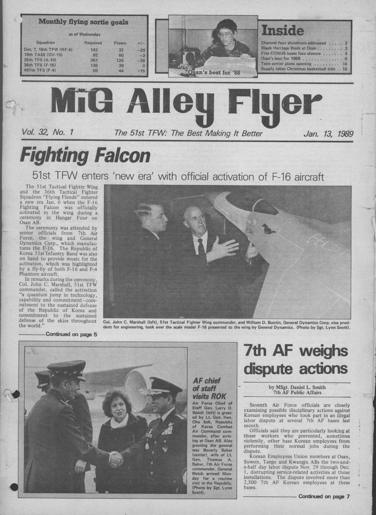 OSAN AIR BASE, Republic of Korea --  This is the front page from the Jan. 13, 1989 edition of the MiG Alley Flyer. Osan's base newspaper has had four names - Thunderjet Express, Sabre Star, The Defender and, starting in 1982, the MiG Alley Flyer.