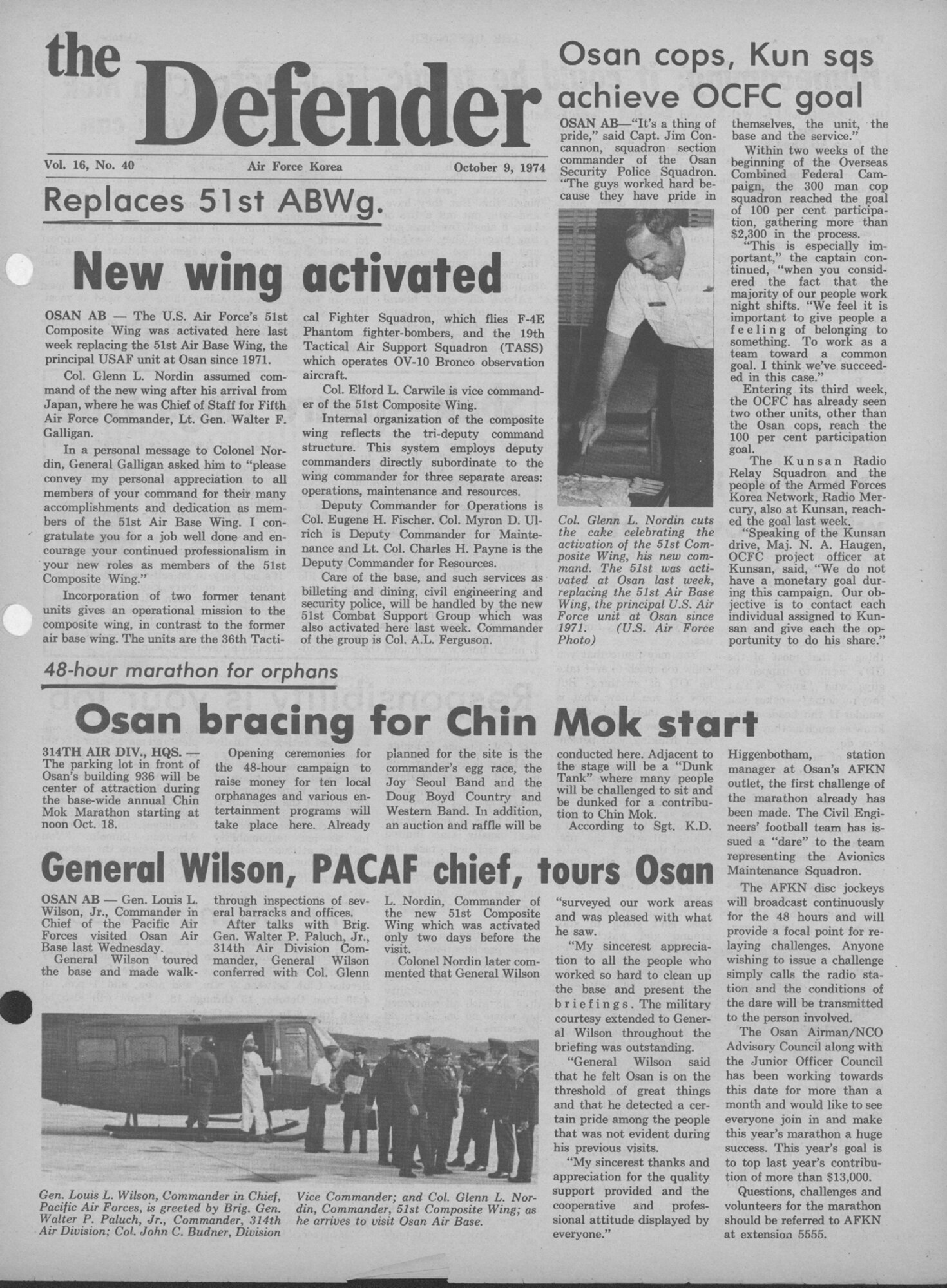 OSAN AIR BASE, Republic of Korea --  This is the front page of The Defender from Oct. 9, 1974. The Defender was the name of Osan's newspaper from 1957 to 1982.