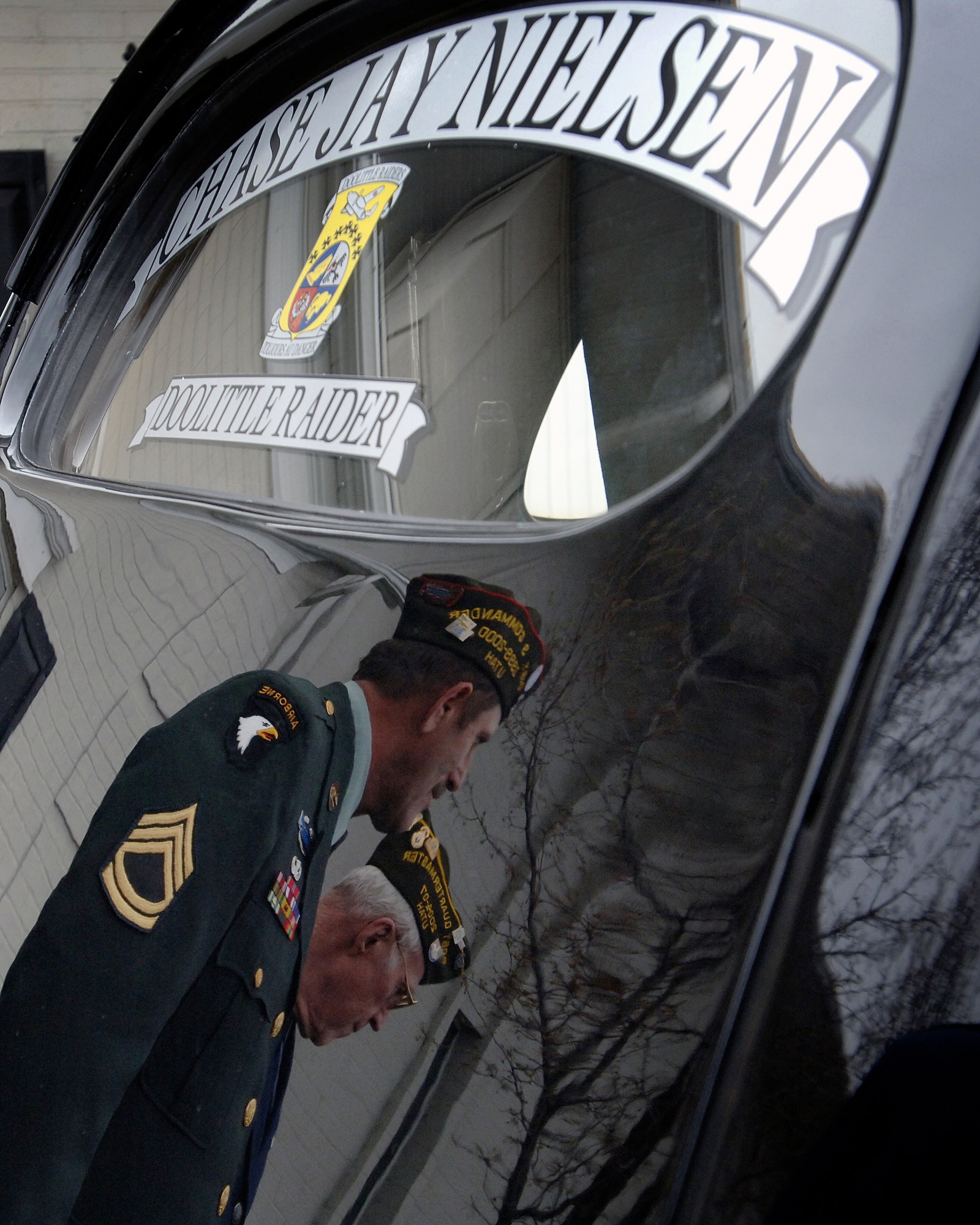 Members of Veterans of Foreign War Post 1695 and Post 8307 from Brigham City and Layton Utah, provided military honors during the memorial service of Lt. Colonel Chase J. Nielsen in Hyrum, Utah March 28. Colonel Nielsen was one of the few remaining members of the famed Doolittle Raiders. The members of the Doolittle Raiders reached national acclaim in 1942 after launching the first successful aerial bombing raid on Tokyo, Japan as retaliation for the Japanese bombing of Pearl Harbor, Hawaii in December of 1941. (U.S. Air Force photo/Efrain Gonzalez)