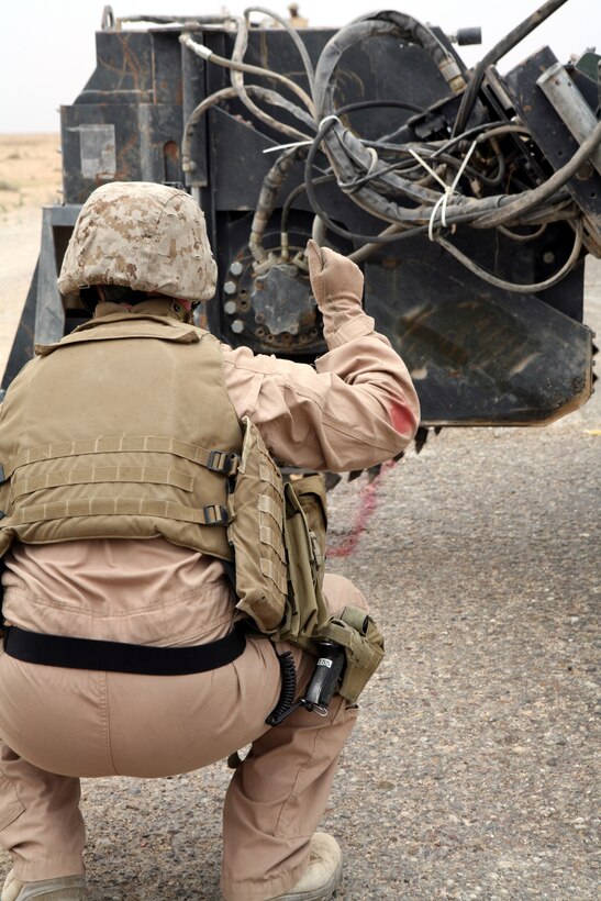 A Marine with Engineer Support Company, 8th Engineer Support Battalion, 2nd Marine Logistics Group (Forward), ground guides a mobile concrete mixer while on a route repair mission near, Al Taqaddum, Iraq, March 26, 2007. 