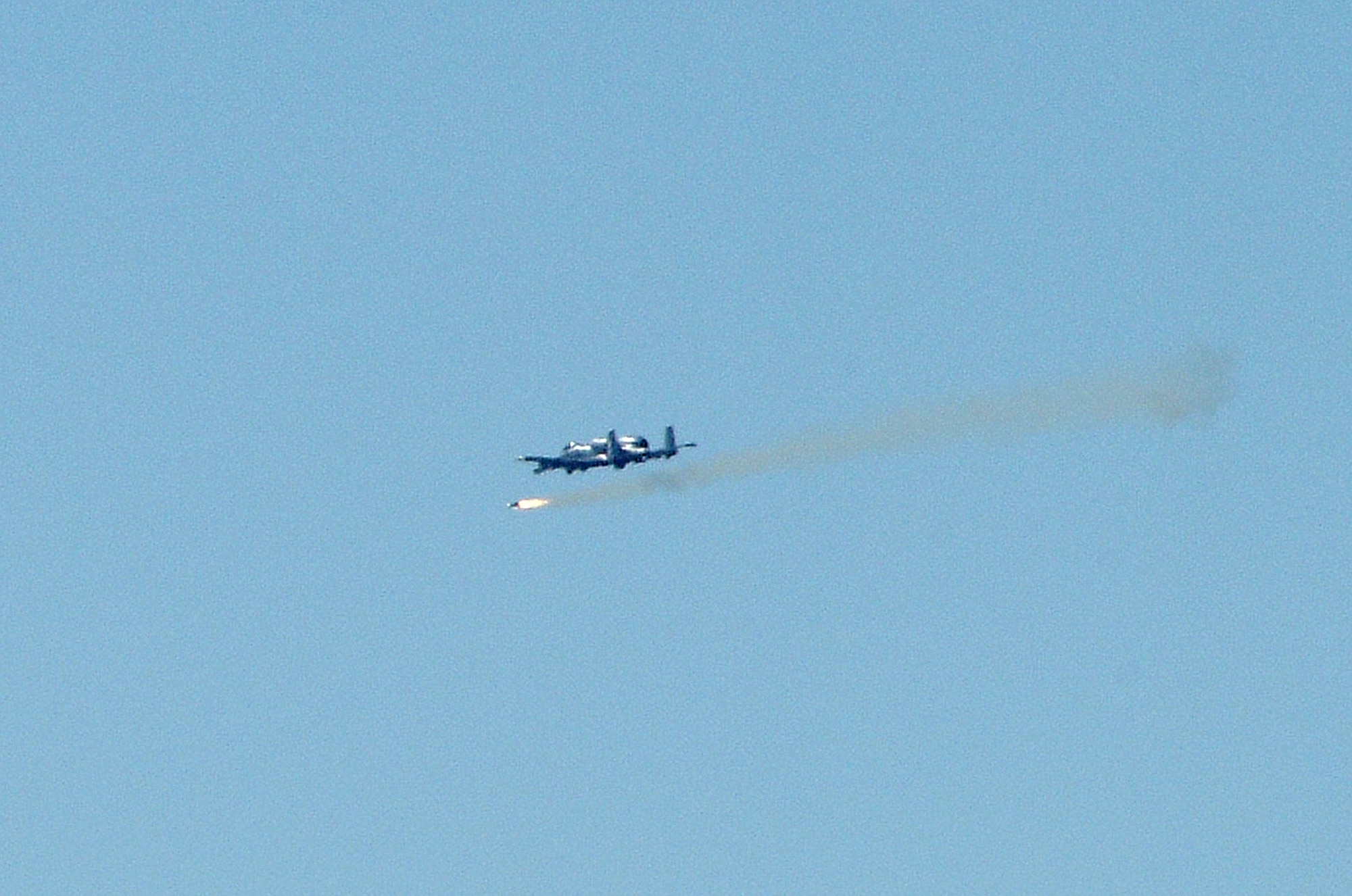 An air-to-ground AGM-65 Maverick missile speeds toward its target on the Barry M. Goldwater Range, Ariz., after being fired by a  303rd Fighter Squadron pilot in an Air Force Reserve Command A-10 Thunderbolt II . The Whiteman Air Force Base, Mo., reservists from the 442nd Fighter Wing, the 303rd's parent unit, were using the range for live ordnance training while temporarily based at Arizona's Davis-Monthan A.F.B. near Tucson. (U.S. Air Force photo/Master Sgt. Bill Huntington)