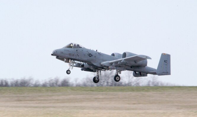 An A-10 from the Air Force Reserve's 442nd Fighter Wing lands at Whiteman Air Force Base, Mo, March 21, 2007, after a training sortie to Cannon Range in central Missouri.  (U.S. Air Force photo/Maj. David Kurle)