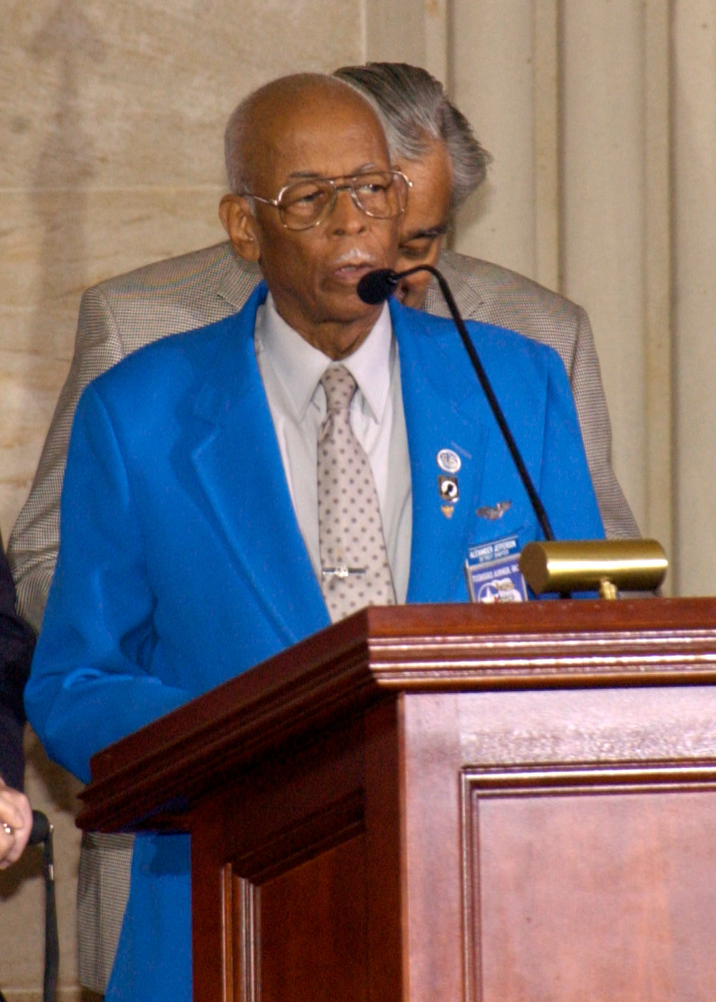 Retired Lt. Col. Alexander Jefferson, a Tuskegee Airman, addresses the crowd during a Congressional Gold Medal Ceremony March 29 at the Capitol Rotunda in Washington. The award recognized the accomplishments of the Tuskegee Airmen.  Colonel Jefferson was a pilot with the 332nd Fighter Group during World War II. (U.S. Air Force photo/Faith Harris)