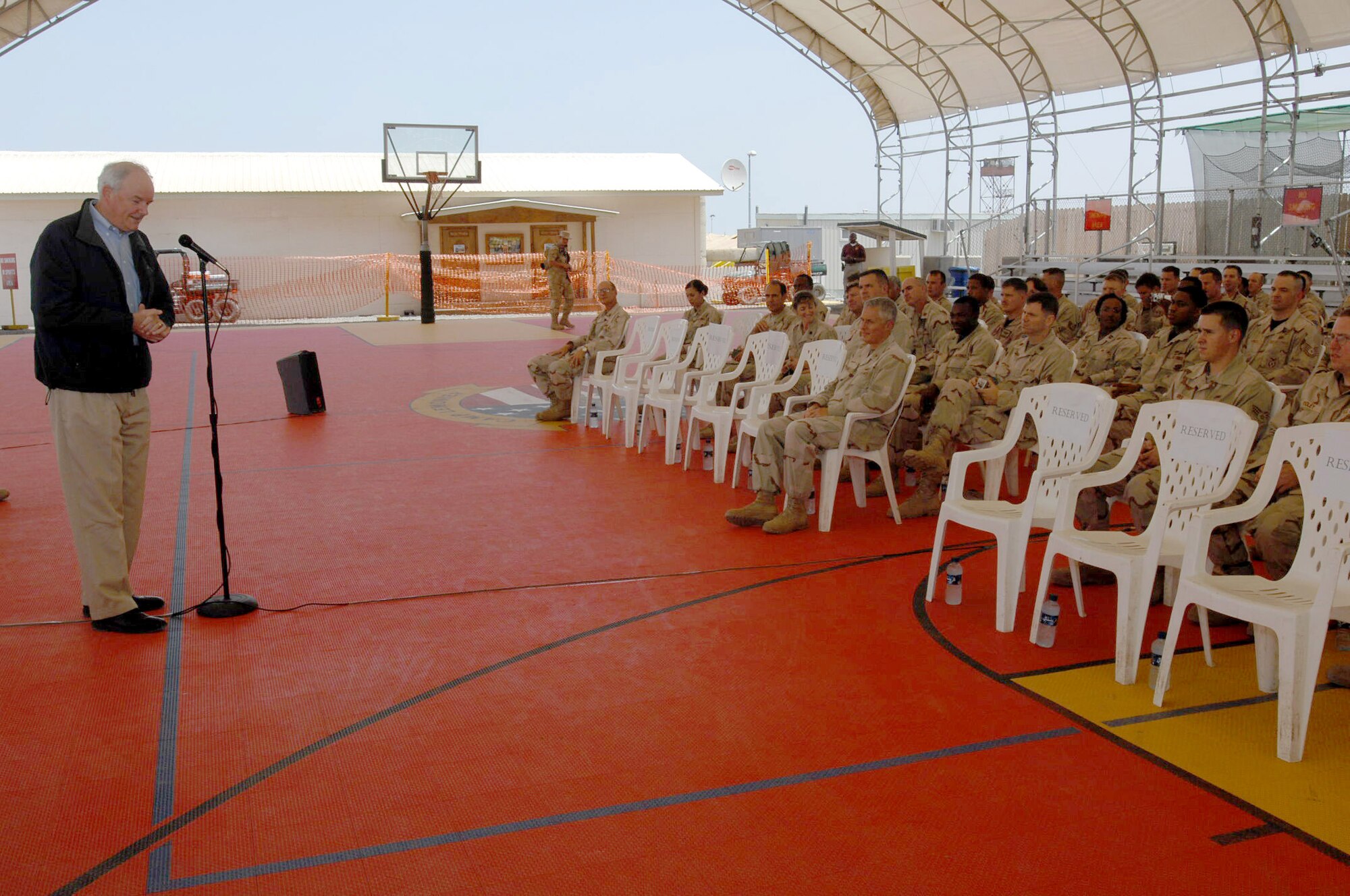 Secretary of the Air Force Michael W. Wynne holds an Airmen's Call during his March 29 visit to Camp Lemonier in Djibouti. Airmen had an opportunity to ask Secretary Wynne questions about Air Force issues. The Air Force contingency on Camp Lemonier has almost 200 Airmen who support the Combined Joint Task Force-Horn of Africa mission. (U.S. Air Force photo/Tech. Sgt. Lee Harshman)