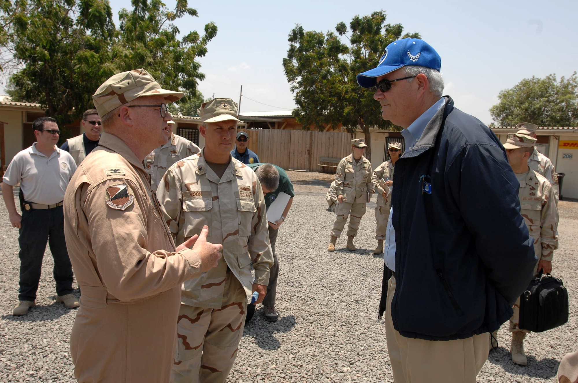 Col. Michael McMillie shows Secretary of the Air Force Michael W. Wynne around Camp Lemonier, Djibouti, March 29. Secretary Wynne made a visit to Camp Lemonier to see how Airmen are supporting the Combined Joint Task Force-Horn of Africa mission. Colonel McMillie is the Air Component Coordinator Element/Horn of Africa director and the 449th Air Expeditionary Group commander. (U.S. Air Force photo/Tech. Sgt. Lee Harshman)

