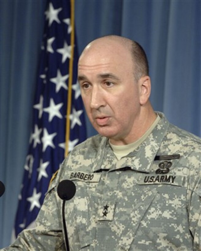 Joint Staff Deputy Director for Operations Maj. Gen. Michael D. Barbero, U.S. Army, conducts an operational up-date on Iraq and Afghanistan for reporters in the Pentagon on March 30, 2007.  