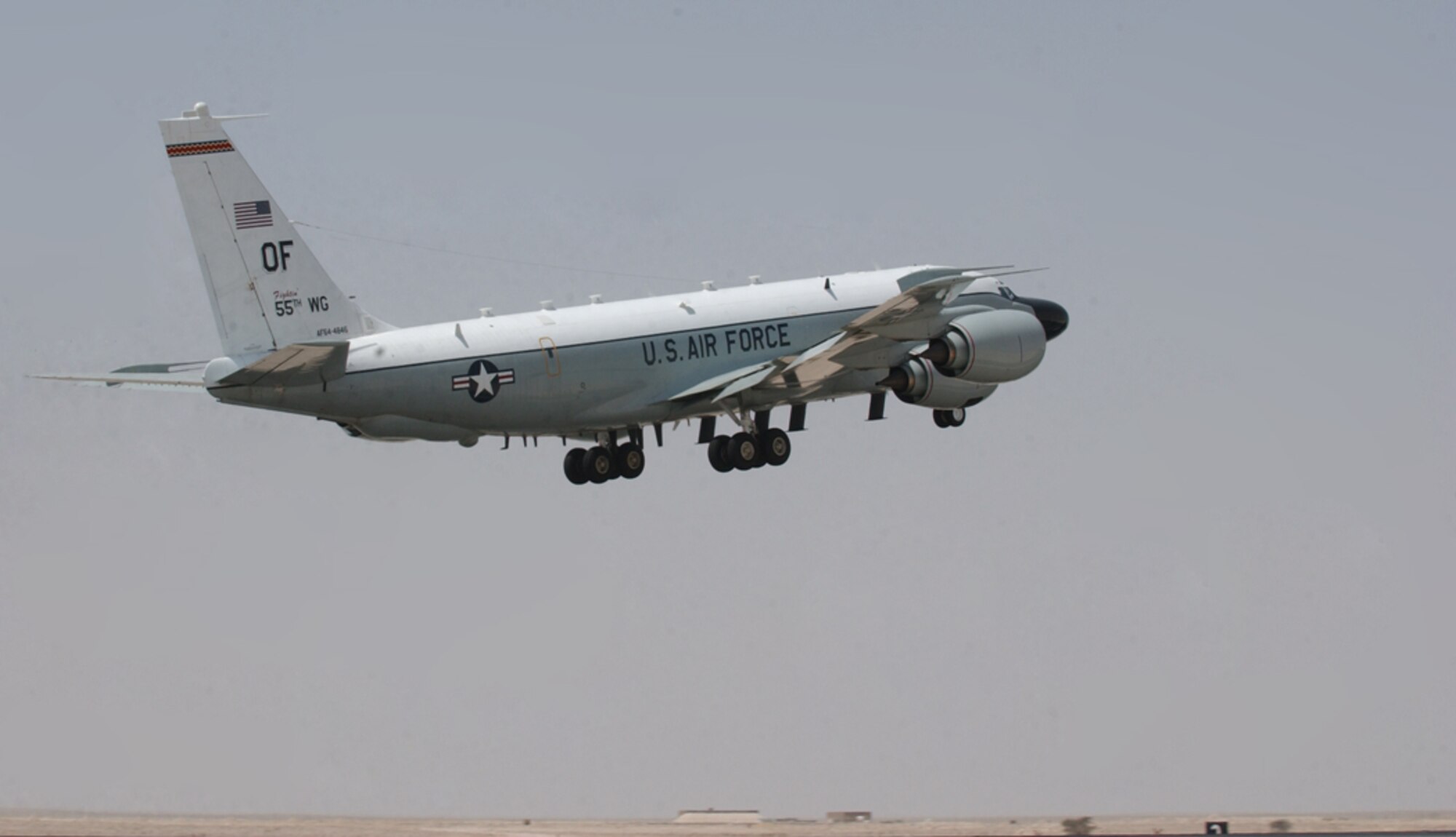 The RC-135 Rivet Joint takes off for a mission March 27 from the 379th Air Expeditionary Wing in Southwest Asia. The Rivet Joint provides real time on-scene intelligence collection, surveillance and analysis to coalition forces in the air and on the ground in the U.S. Central Command area of responsibility. The 34-person mission crew then forwards gathered information in a variety of formats to a wide range of consumers via the Rivet Joint's extensive communications suite. (U.S. Air Force photo/Tech. Sgt. Deborah Davis) 