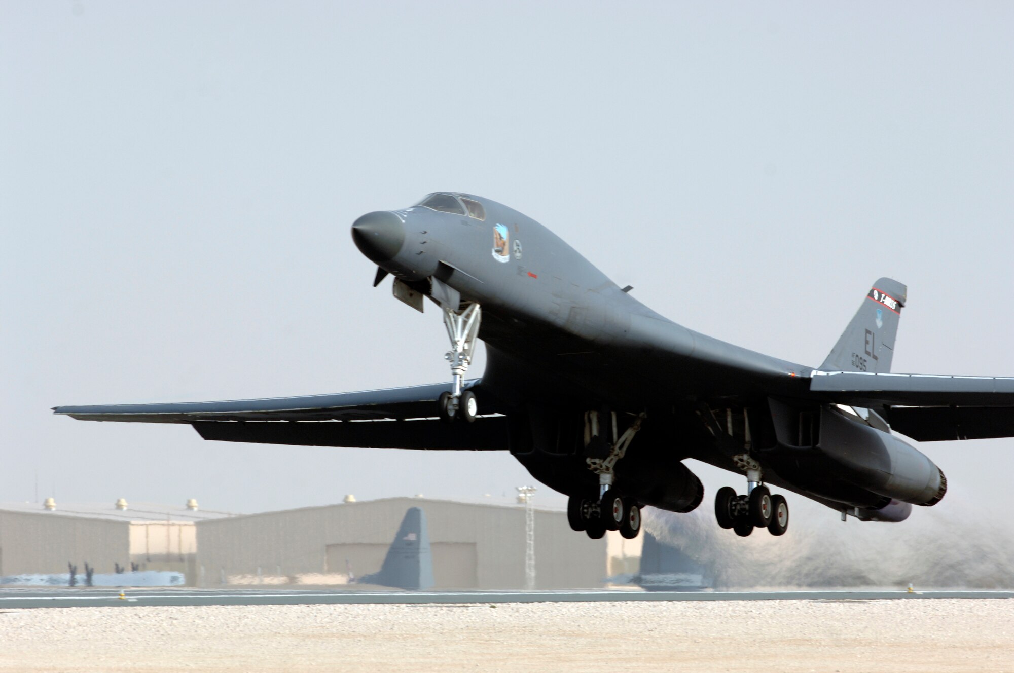 A B-1B Bomber takes off from the 379th Air Expeditionary Wing. B-1s from the 34th Expeditionary Bomb Squadron were once again called on to increase operations in support of ground forces in Afghanistan through precision bombing and shows of force and presence.