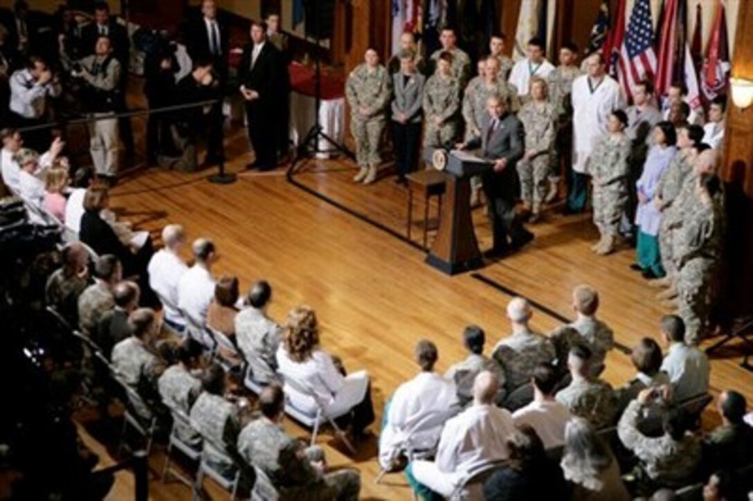President George W. Bush addresses the medical personnel of Walter Reed Army Medical Center, March 30, 2007, in Washington. He thanked them for providing extraordinary health care to the people who wear the uniform. 
