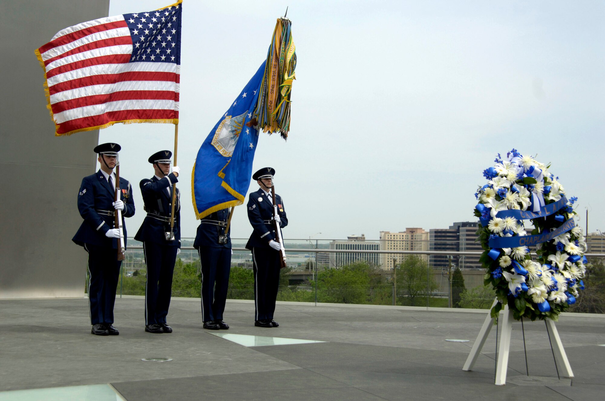 Members of the U. S. Air Force Honor Guard participate in a special wreath ceremony at the Air Force Memorial in Arlington, Va., April 25 to honor chaplains and chaplain's assistants.  (U.S. Air Force photo/Tech. Sgt. Cohen A. Young) 