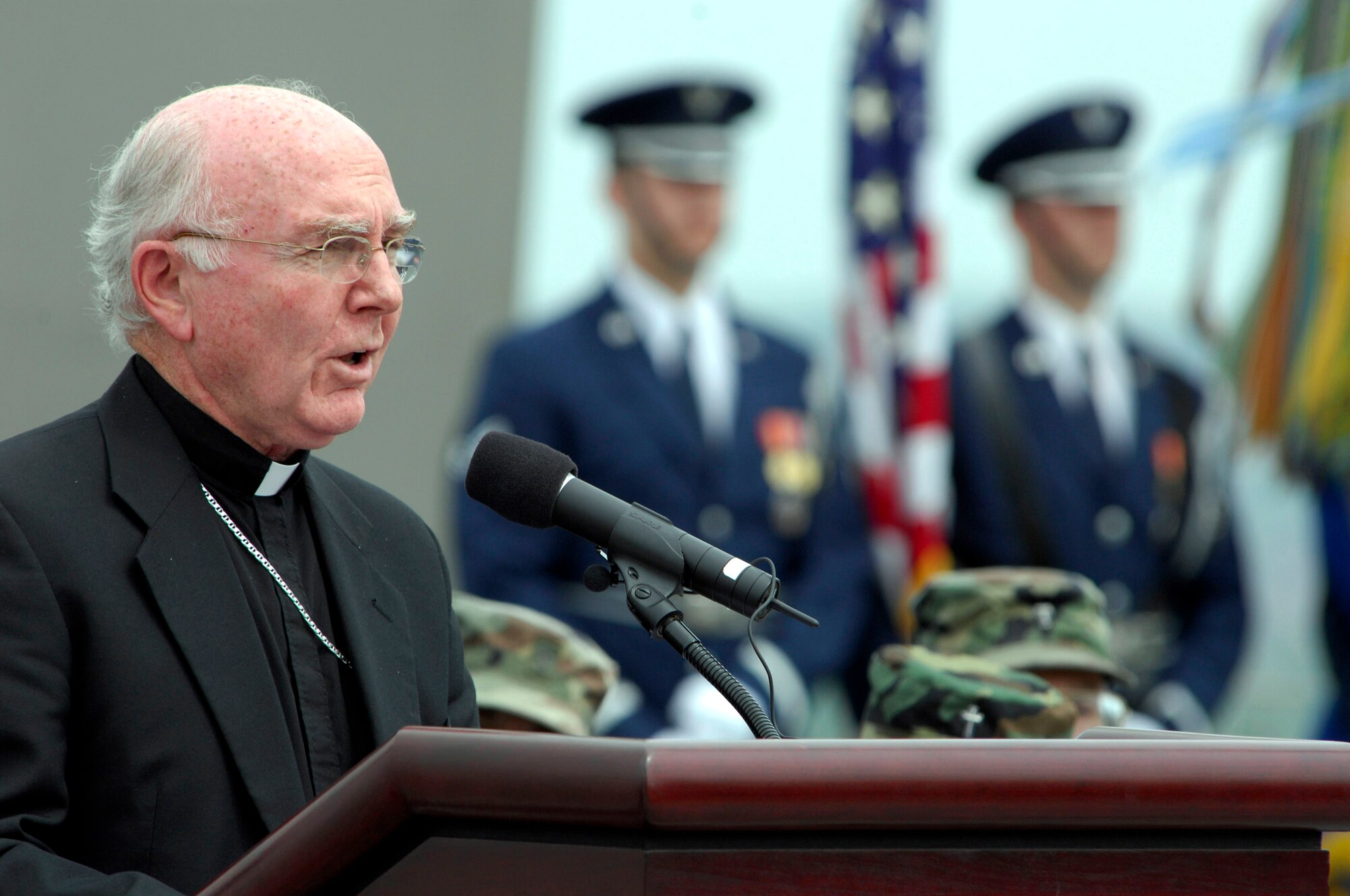 Retired Chaplain (Maj. Gen.) Bishop William Dendinger makes remarks during wreath ceremony at the Air Force Memorial in Arlington, Va., April 25 to honor chaplains and chaplain's assistants.  General Dendinger served as an Air Force chaplain for more than 30 years and retired in 2001 as chief of the Air Force Chaplain Service. (U.S. Air Force photo/Tech. Sgt. Cohen A. Young) 